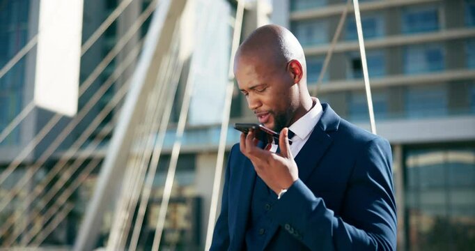 African business man, speakerphone and talk in city for negotiation, contact or info for legal career. Lawyer, attorney or advocate on smartphone call, loudspeaker and recording voice memo in Kenya