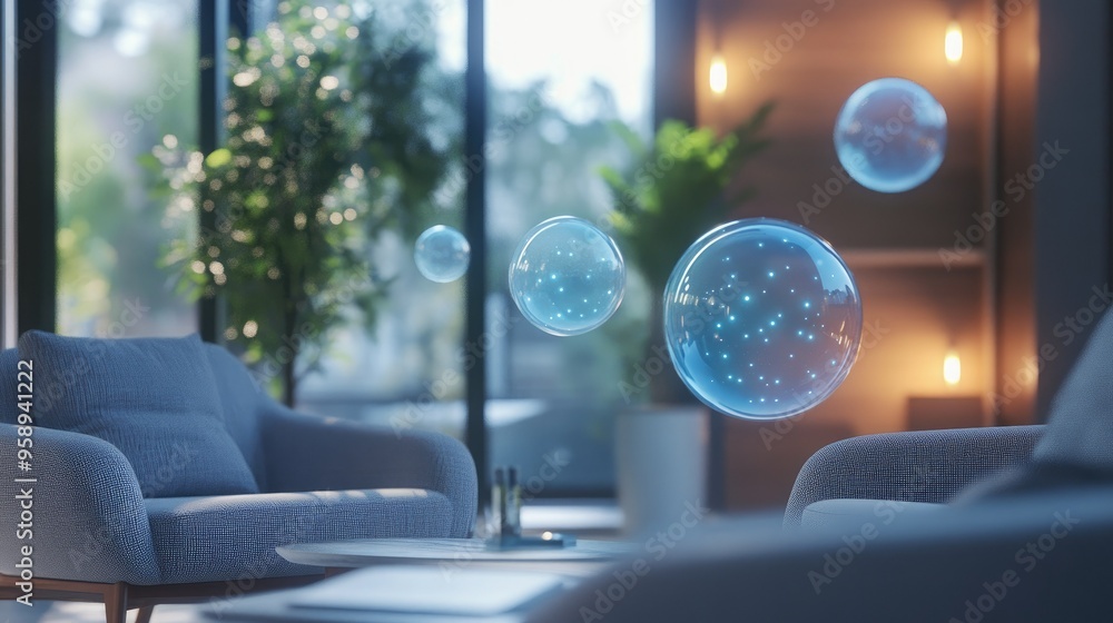 Poster elegant room with floating, translucent chat bubbles creating a dynamic, high-tech scene. ideal for 