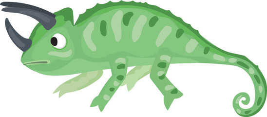 Cartoon green chameleon illustration on transparent background.
