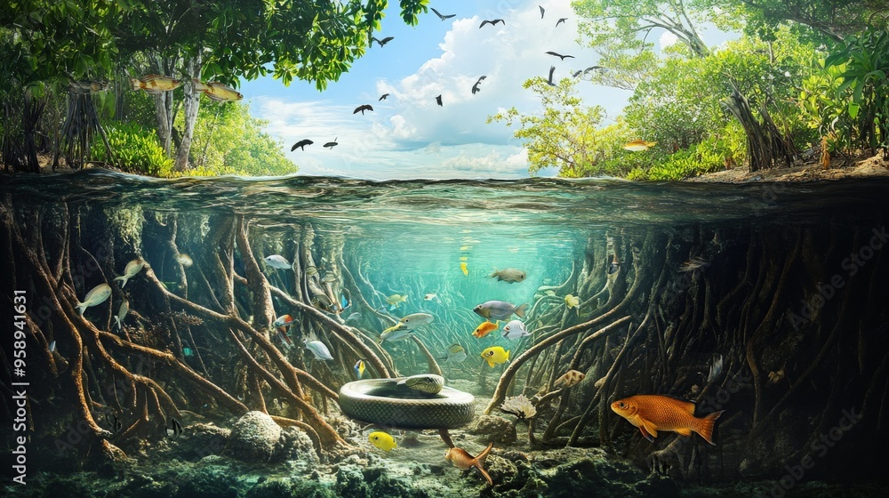 Wall mural A mangrove forest with roots submerged in water, home to anaconda snake , fish, birds, and crustaceans, illustrating a coastal ecosystem