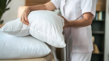 Fototapeta premium A woman in a white uniform makes a bed with crisp white linens.