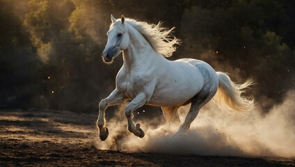 A powerful white stallion charging through flames, symbolizing strength and determination.