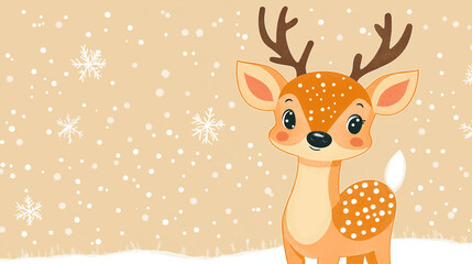Cute deer, simple lines, flat illustration style, beige background with snowflakes, Christmas theme, pastel colors, children's book cover design, cartoon character, simple shapes,