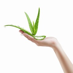 a 3D hand with an aloe vera leaf cut open, gel visible, green and clear, isolated on white background