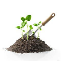 a 3D hand with seedlings and a gardening trowel, ready to plant, green sprouts and soil, isolated on white background