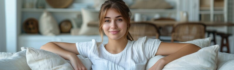 Naklejka premium Woman sitting on a couch with pillows on it, portrait, banner, copy space