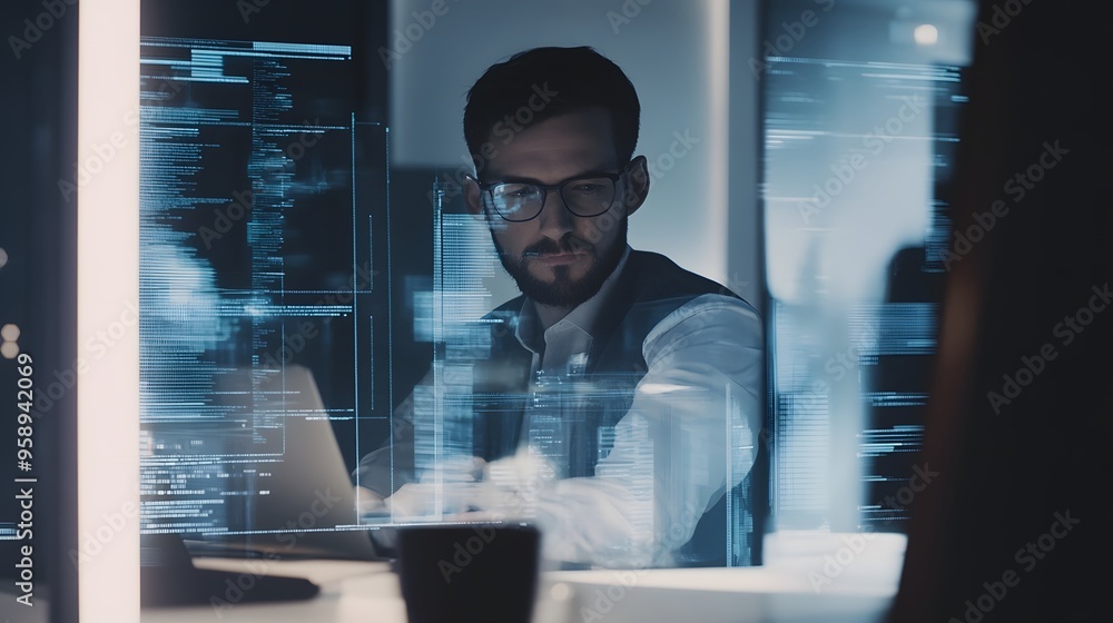Poster a man works on a computer, surrounded by digital code.