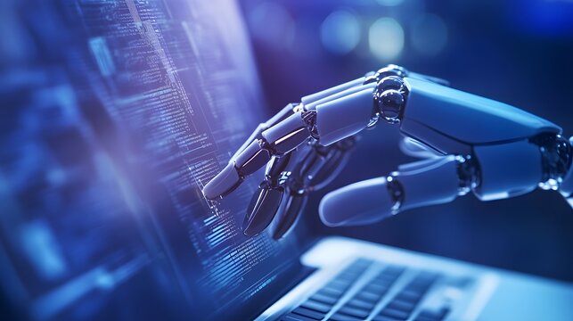 A robotic hand interacts with a computer screen, highlighting the increasing role of AI in modern technology. - Powered by Adobe