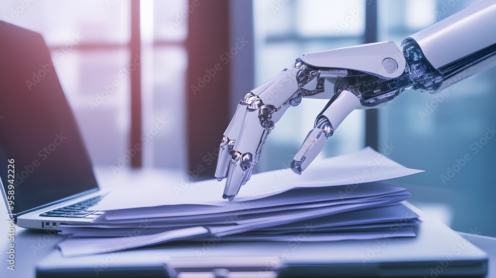 Poster a robotic hand reaches for a stack of papers, symbolizing the future of work with ai.