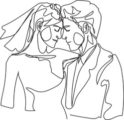 One line drawing love couple illustration on transparent background.
