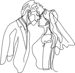 One line drawing couple illustration on transparent background.
