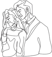 One line drawing weding couple illustration on transparent background.
