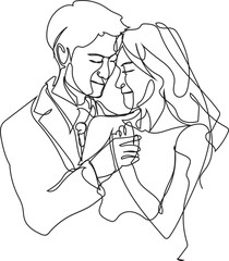 One line drawing weding couple illustration on transparent background.
