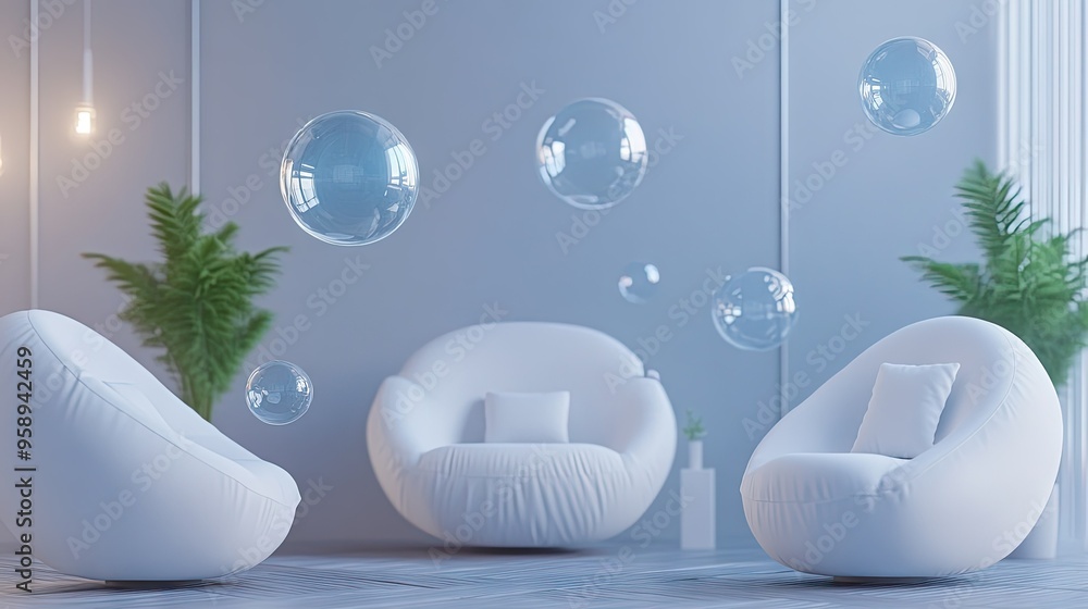 Poster floating glossy chat bubbles in a stylish room with minimalist decor, perfect for illustrating advan