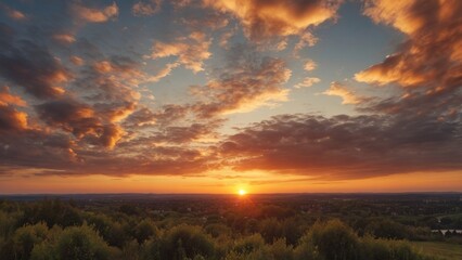 Fototapeta premium Beautiful sunset with golden light painting the clouds above a distant cityscape