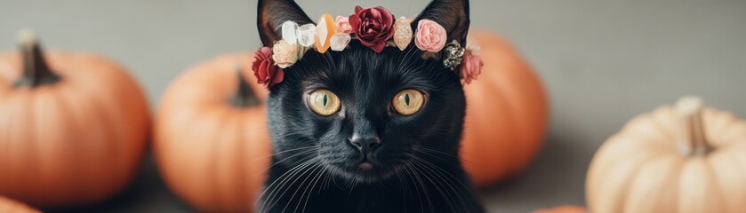 Boho-style black cat with a floral crown sitting among pumpkins and crystals, illuminated by the soft glow of candlelight