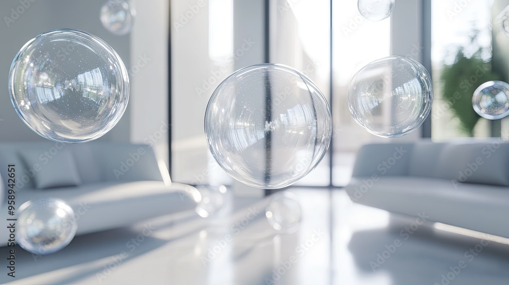 Poster floating shiny chat bubbles in a contemporary room with clean lines and ample light. perfect for tec