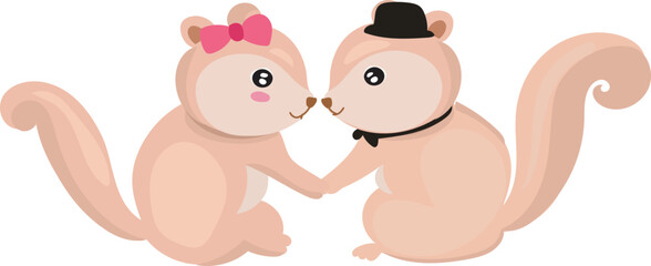 Cartoon cute squirrel couple illustration on transparent background.
