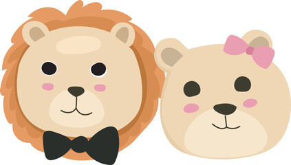 Cartoon cute lion couple illustration on transparent background.
