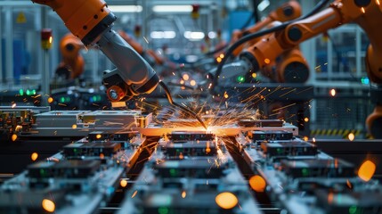Close-up of a high-speed assembly line where electric vehicle battery cells are being laser welded into packs, with sparks visible and robotic arms in motion.