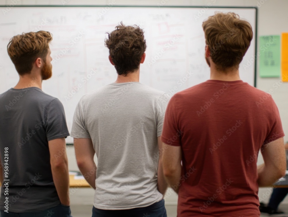 Poster design team meeting: collaborative session with developers and whiteboard sketches, illustrating tea