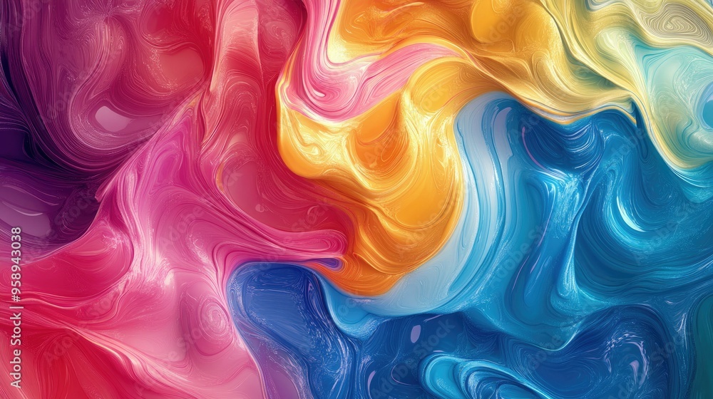 Poster flowing streams of vibrant colors in a 3d abstract design, forming an intricate fluid pattern that c