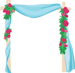 Wedding arch with blue fabric illustration on transparent background.
