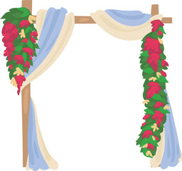 Wedding arch with blue fabric illustration on transparent background.
