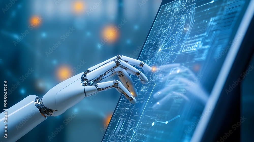 Poster a robotic hand interacts with a digital interface, showcasing the integration of ai in technology.