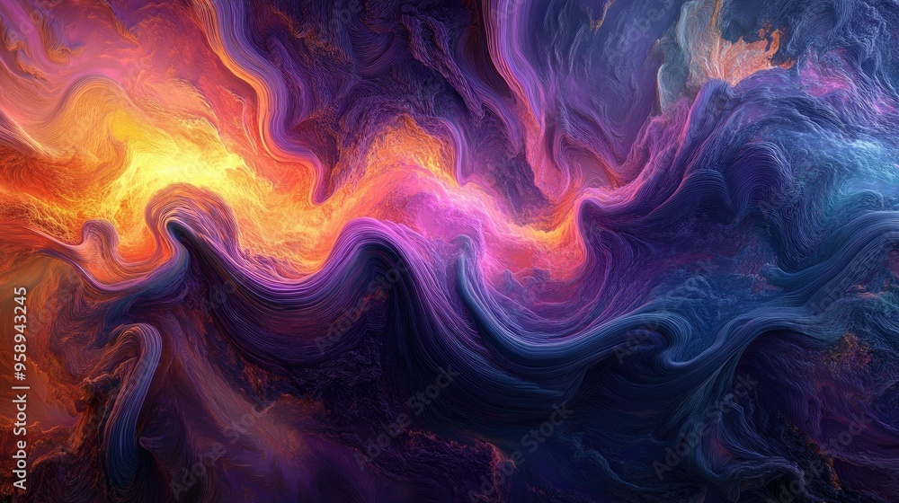 Poster flowing streams of vibrant colors in a 3d abstract design, forming an intricate fluid pattern that c