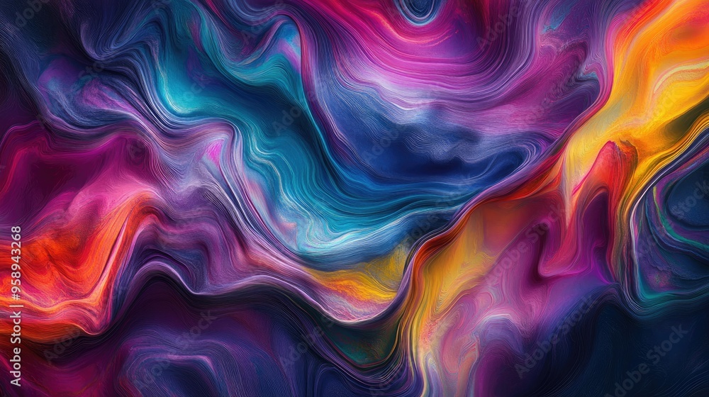 Poster flowing streams of vibrant colors in a 3d abstract design, forming an intricate fluid pattern that c