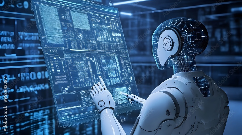 Poster a robotic hand interacts with a screen filled with data, showcasing the integration of ai in modern 