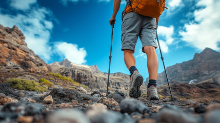 A person in hiking gear stands on rocky terrain, holding walking sticks and wearing cargo shorts with sneakers. They wear an athletic shirt with cap sleeves and carry their backpac