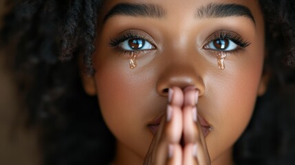 A close up of a woman with tears on her face, AI