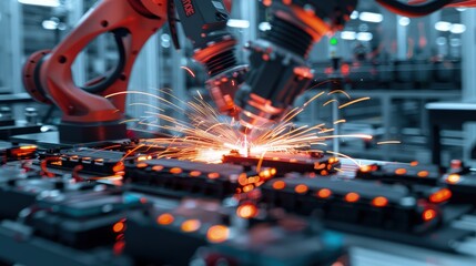 Close-up of a high-speed assembly line where electric vehicle battery cells are being laser welded into packs, with sparks visible and robotic arms in motion.