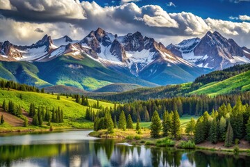 Majestic La Garita Mountains pierce the Colorado sky, rugged peaks blanketed with snow, surrounded by lush green forests and serene alpine lakes.