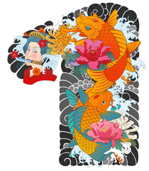 Japanese irezumi style chest long sleeve tattoo design, hanya, namakubi, koi fish, 건대타투 타투달, 남자 가슴긴팔, 한야, 잉어 타투도안