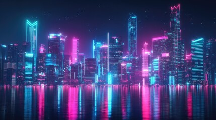 Fototapeta premium Futuristic city skyline with sleek, modern architecture illuminated by neon lights. Panoramic view highlighting advanced technology and digital effects.