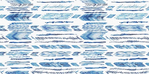 Summery ikat zig zag border pattern in painterly brushstroke digital design. Modern coastal living printed textile decor in seamless banner tape template.
