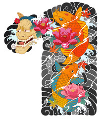 Japanese irezumi style chest long sleeve tattoo design, hanya, namakubi, koi fish, 건대타투 타투달, 남자 가슴긴팔, 한야, 잉어 타투도안