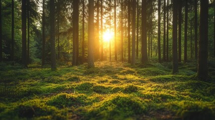 Sunlight Streaming Through Lush Green Forest Trees - Scenic Nature Landscape Panorama with Sun Rays in Vibrant Summer Woodland