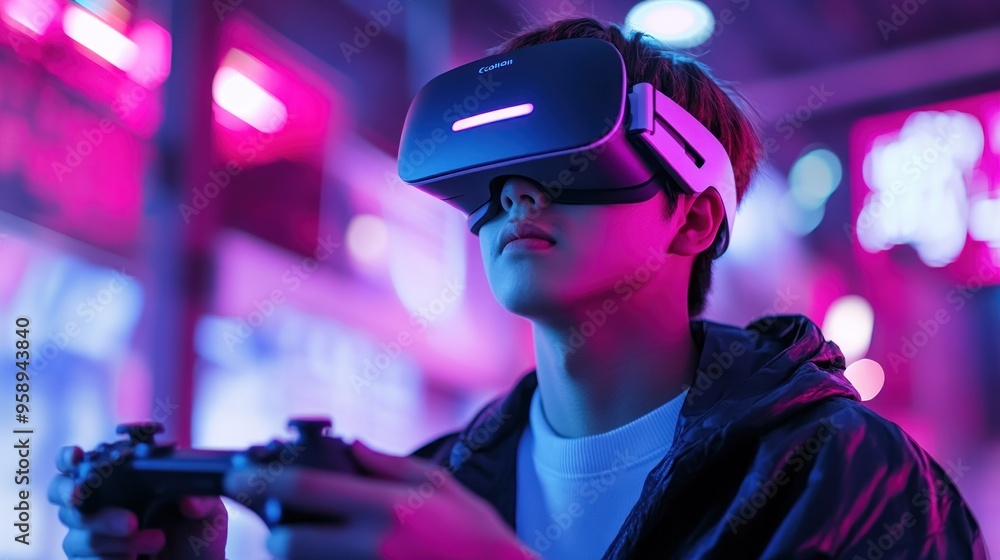 Sticker young person wearing vr headset and playing video games