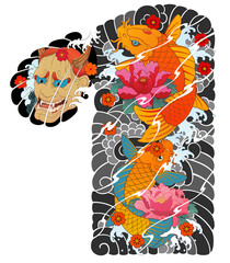 Japanese irezumi style chest long sleeve tattoo design, hanya, namakubi, koi fish, 건대타투 타투달, 남자 가슴긴팔, 한야, 잉어 타투도안