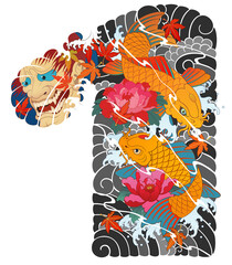 Obraz premium Japanese irezumi style chest long sleeve tattoo design, hanya, namakubi, koi fish, 건대타투 타투달, 남자 가슴긴팔, 한야, 잉어 타투도안