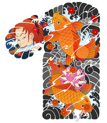 Japanese irezumi style chest long sleeve tattoo design, hanya, namakubi, koi fish, 건대타투 타투달, 남자 가슴긴팔, 한야, 잉어 타투도안