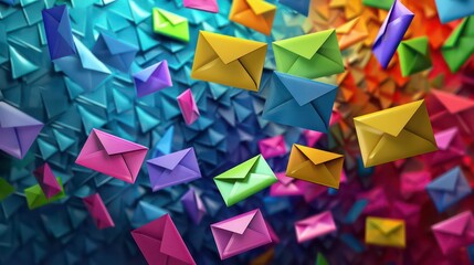 Colorful envelopes floating over a blue background.