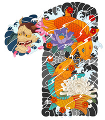 Japanese irezumi style chest long sleeve tattoo design, hanya, namakubi, koi fish, 건대타투 타투달, 남자 가슴긴팔, 한야, 잉어 타투도안