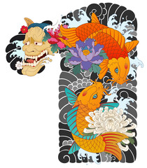Japanese irezumi style chest long sleeve tattoo design, hanya, namakubi, koi fish, 건대타투 타투달, 남자 가슴긴팔, 한야, 잉어 타투도안