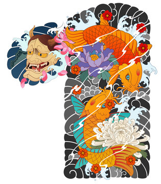 Japanese irezumi style chest long sleeve tattoo design, hanya, namakubi, koi fish, 건대타투 타투달, 남자 가슴긴팔, 한야, 잉어 타투도안