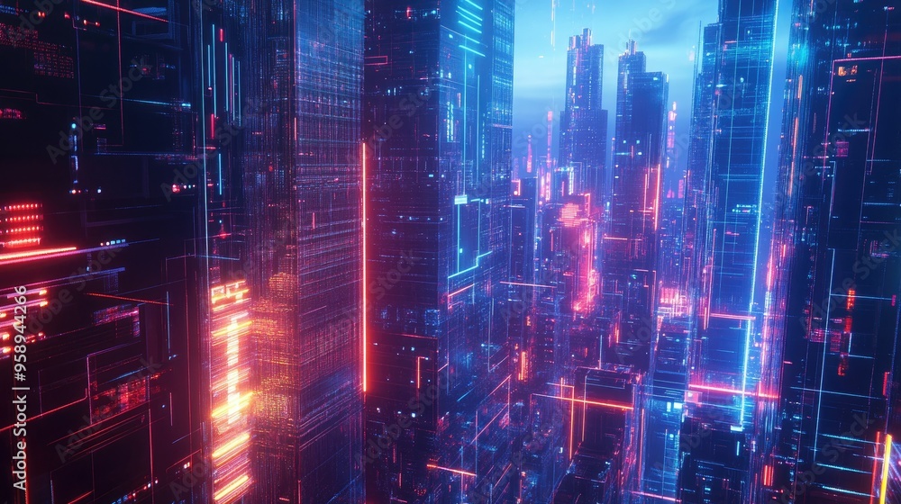 Poster futuristic city with panoramic urban architecture and glowing neon lights, emphasizing high-tech and